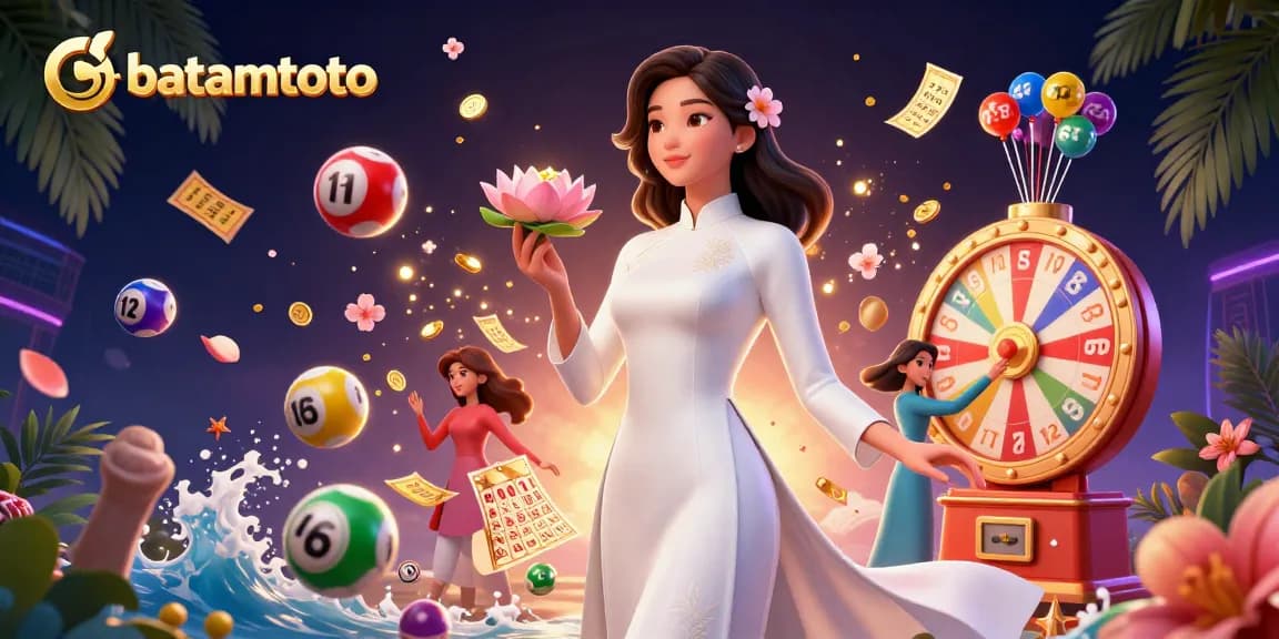 Win exciting jackpots at batamtoto with dynamic lottery elements surrounding a serene Asian woman.