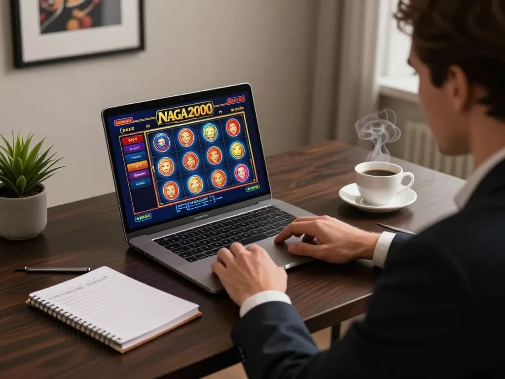 NAGA2000 gaming session showcases strategic online slots gameplay at cozy desk.