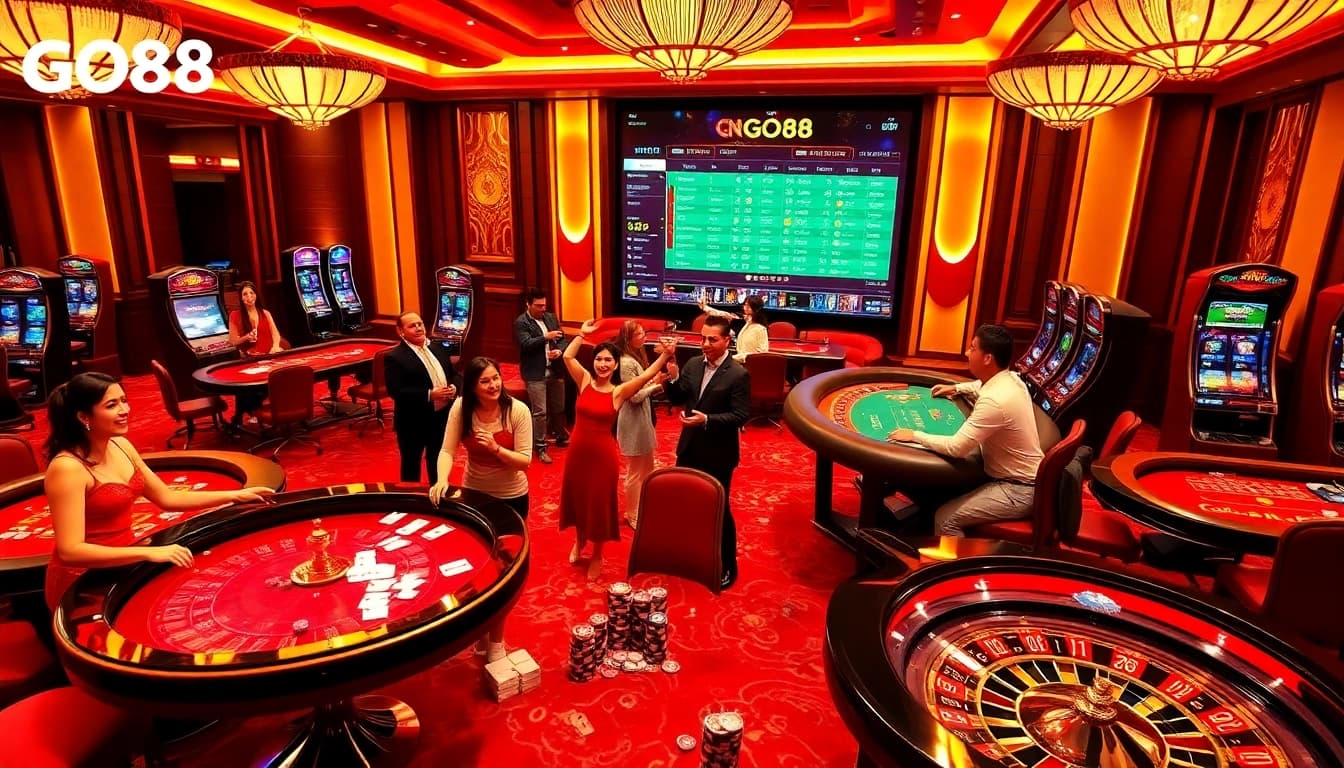 Dynamic gambling game scene at Nhà Cái GO88 with players enjoying poker and roulette.