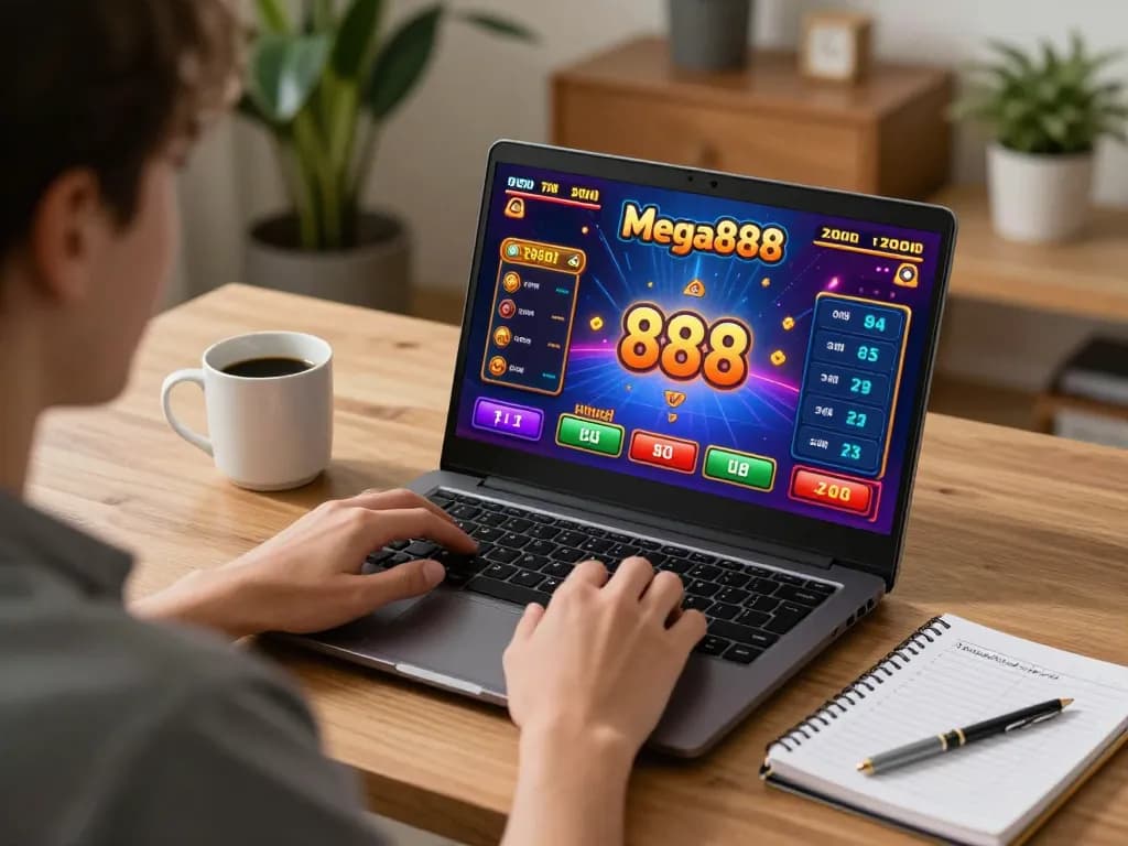 Pengguna Mega888today menikmati sesi permainan mudah alih dengan komputer riba dan nota strategik