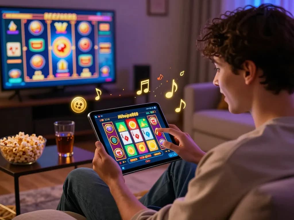 Engaging scene of a user enjoying apk mega888 on a tablet with casino game graphics.