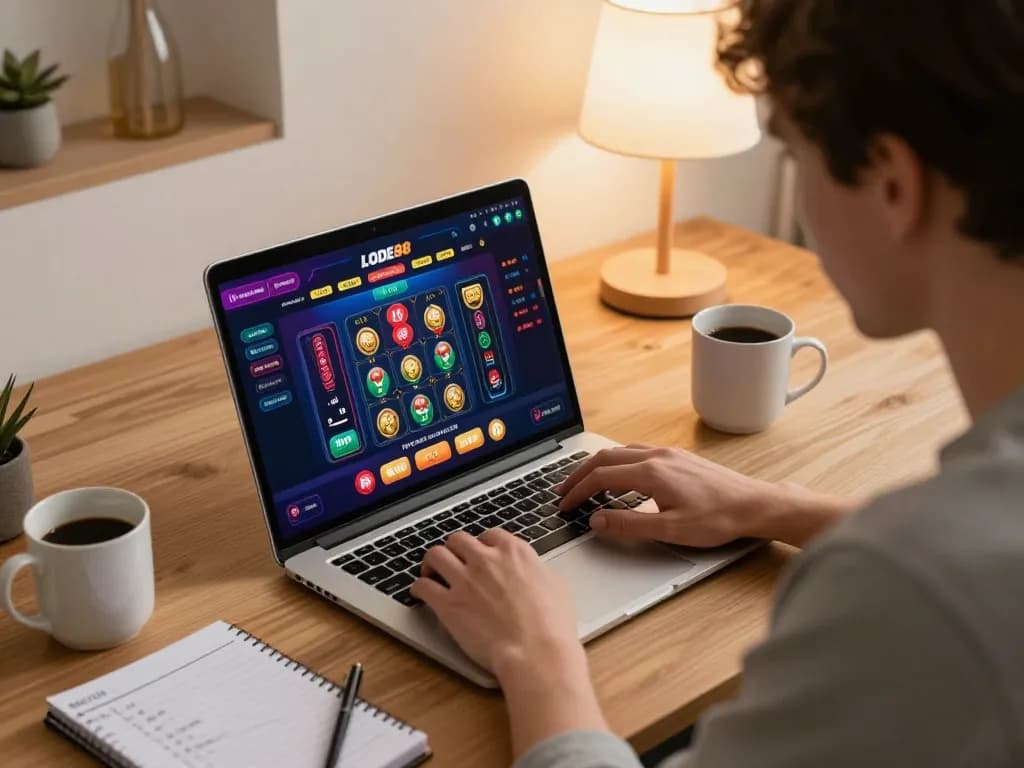Engaging with Link LODE88 interface during an online casino session in a cozy home office setup.