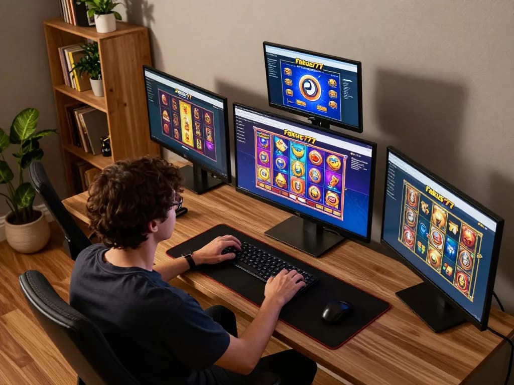 Engaged player exploring popular Fokus777 slot games on a laptop showcasing vibrant graphics