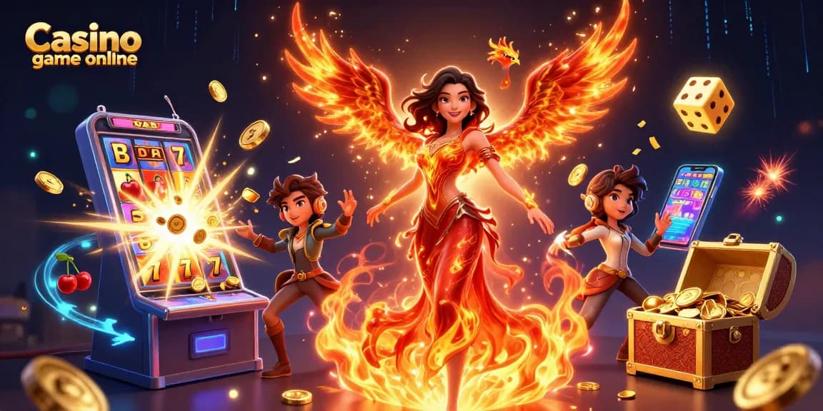 Engage in exciting Casino game online with a stunning Asian woman and fiery elements.