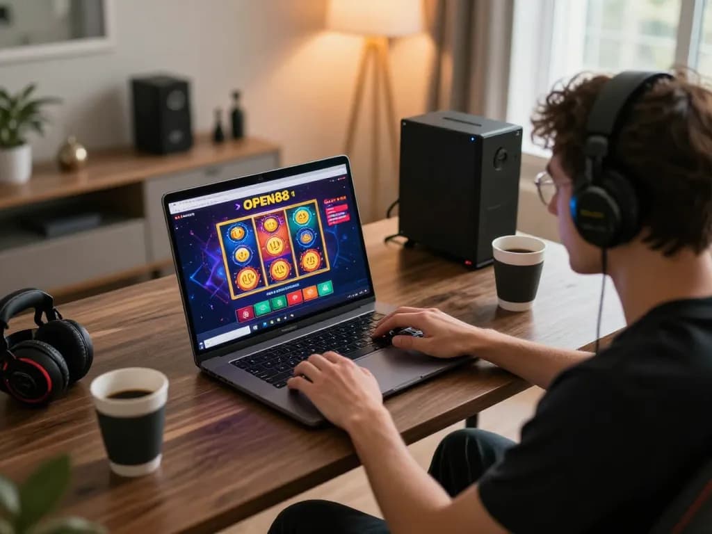 Player enjoying OPEN88 online casino games on laptop at home, showcasing responsible gaming