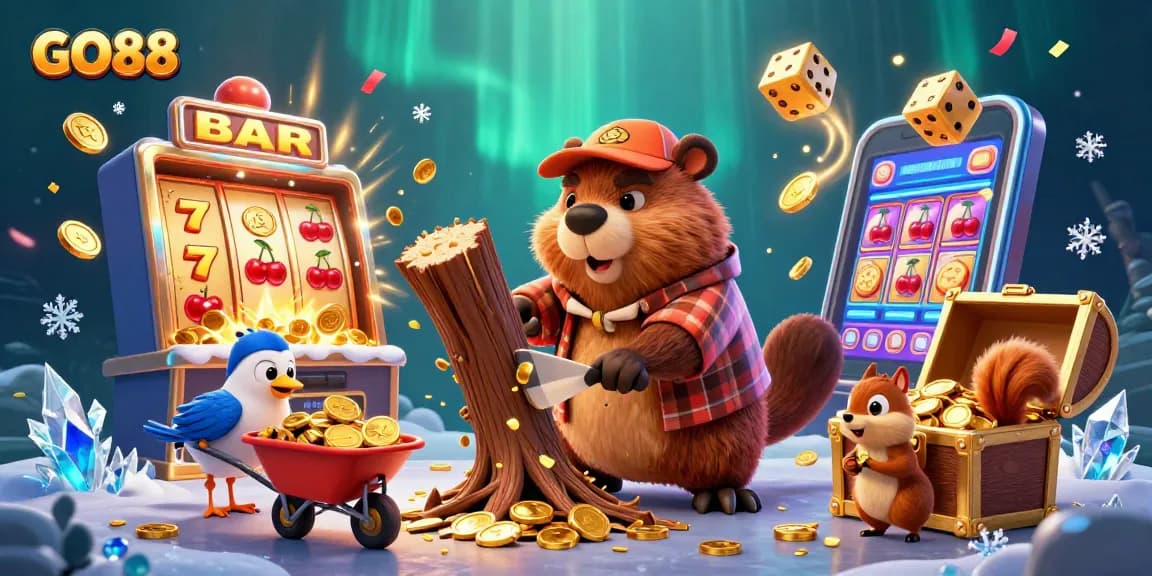 Spin and win at GO88 with a vibrant 3D cartoon casino scene showcasing a beaver and friends celebrating jackpot excitement.