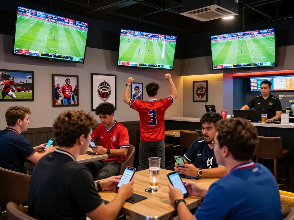 Fans engage in live sports betting at nddo lounge, excited atmosphere with screens showing game action.