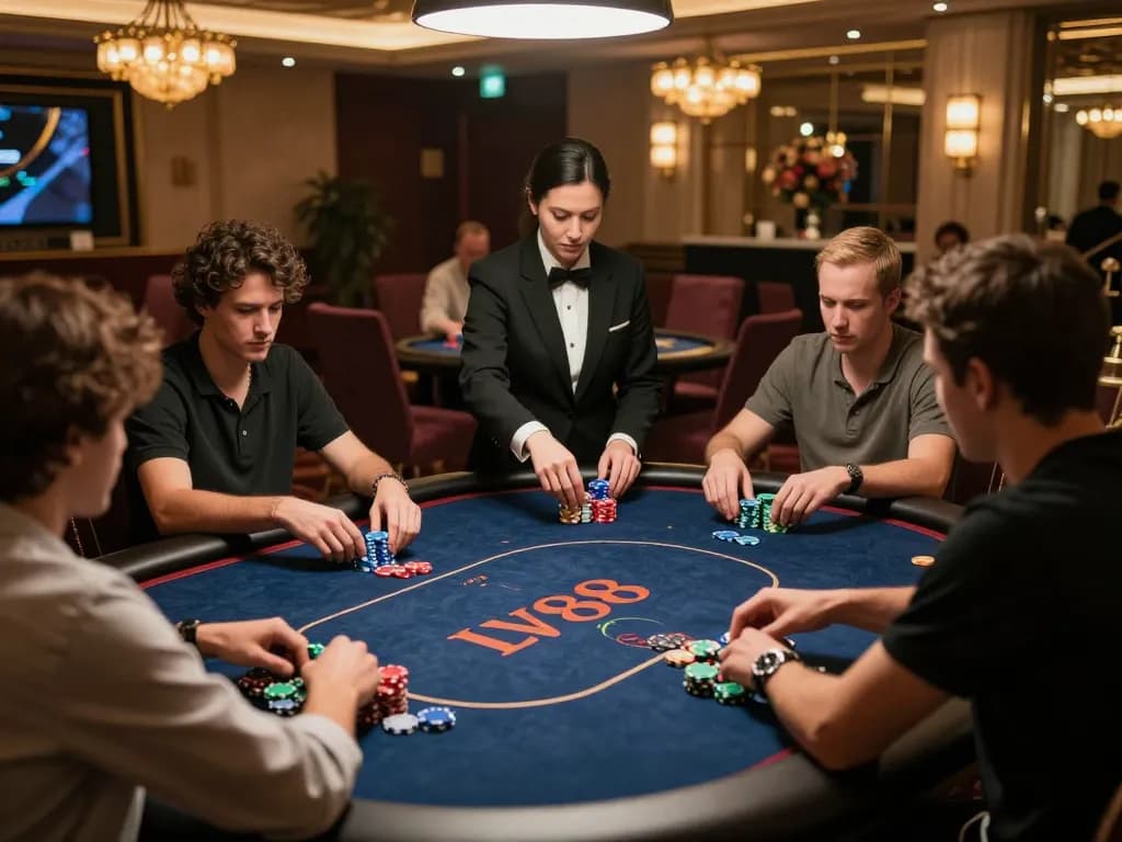 Players strategizing in a high-stakes poker game at LV88, creating an exciting casino atmosphere.