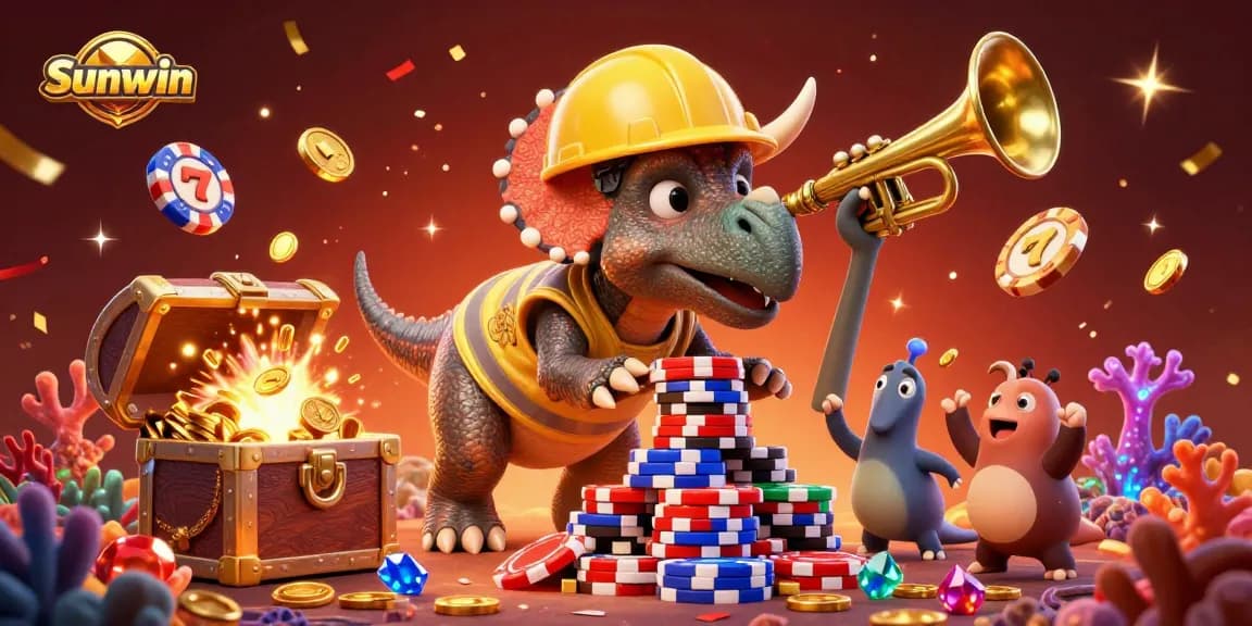 Engage in exciting gameplay at Sunwin with vibrant 3D characters celebrating big wins amid floating slot games and gold.