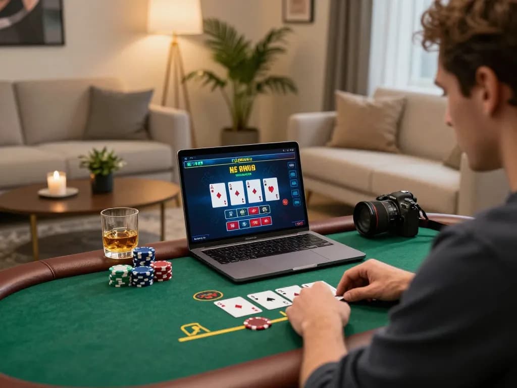 HM88 player betting strategically on blackjack in a cozy online casino setup with laptop and poker chips.