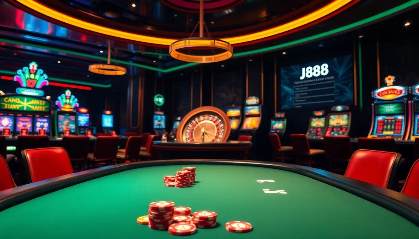 Experience j88 đăng nhập at a vibrant casino scene featuring poker games and flashing slot machines.