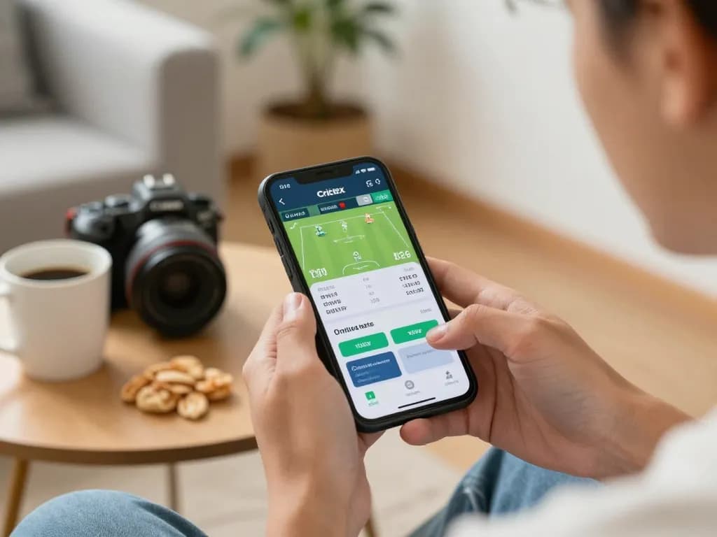 Engaging user placing bets on the Crickex app, enhancing online cricket betting experience at https://crickex.fit/ in cozy home