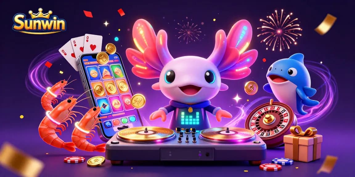 Experience excitement at Sunwin with dynamic casino elements and colorful characters in vibrant illustration.