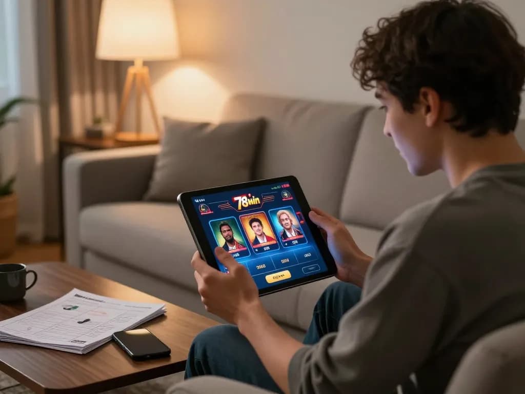 Player enjoying the 78win casino app on tablet in a cozy home setting, illustrating online gaming excitement.
