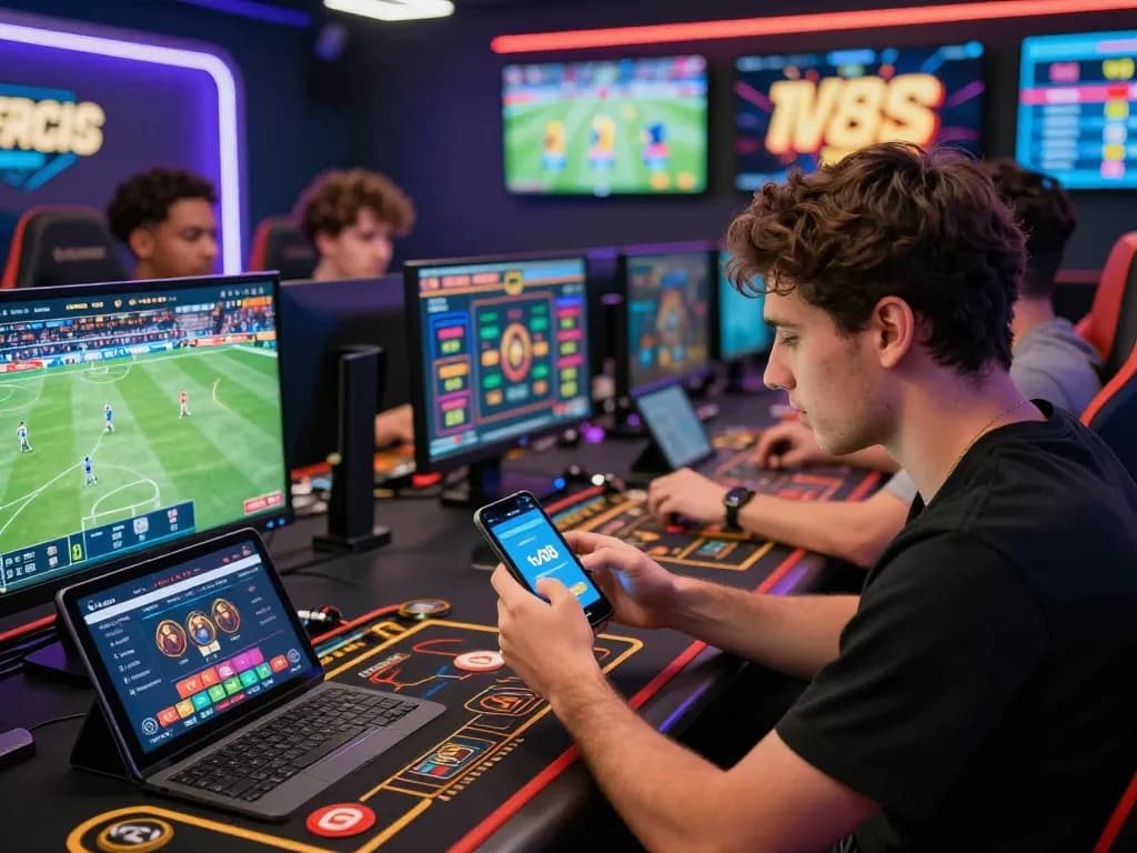 Engaged users navigating the tv88 link on diverse devices in a modern online gambling environment.