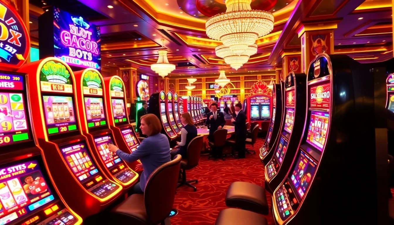 Players exhilarated while trying their luck on slot gacor machines in a vibrant casino setting.