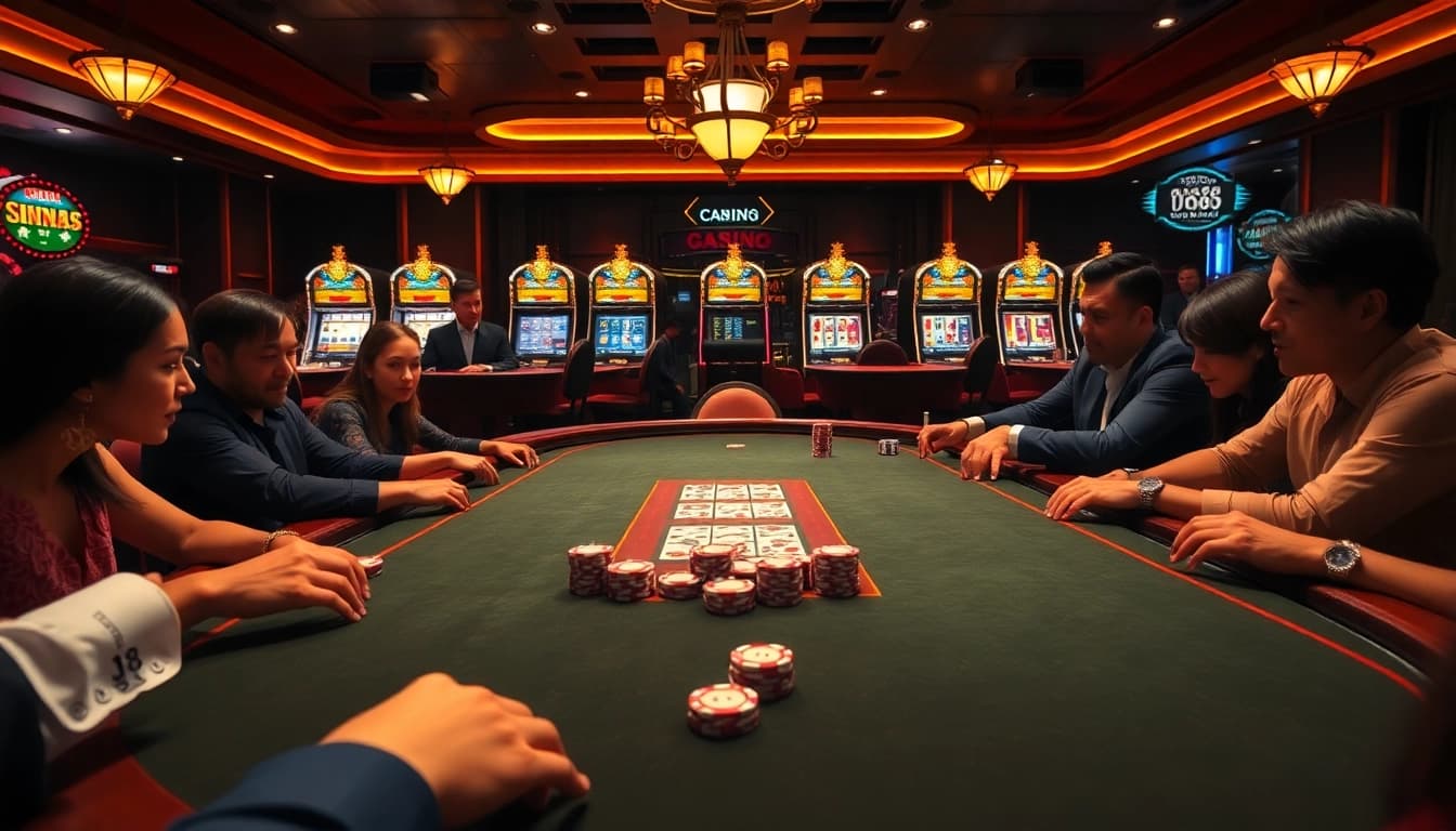 Players engaging in an exciting game at the j88 poker table with colorful chips and cards.