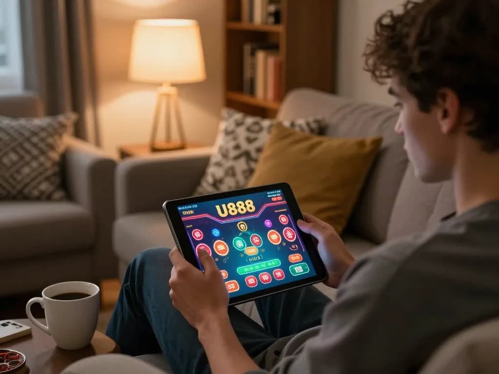 Player enjoying online gambling on U888 with tablet in relaxed home setting.