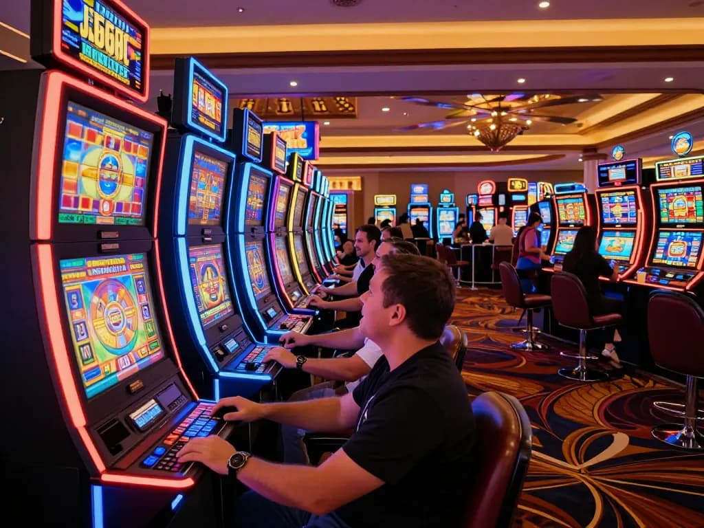 Redefinedelegance shines in a lively casino scene with players engaged at colorful slot machines.