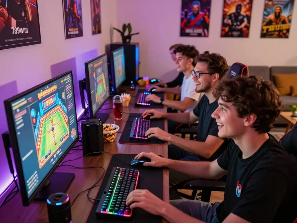 Friends enjoying online gaming on 789win, surrounded by gaming gear and snacks in a lively setting.