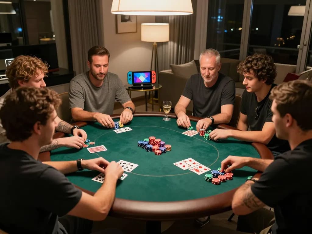 Suasana malam poker yang menarik dengan teman-teman menikmati permainan kompetitif, menangkap kreativitas dalam perjudian di creativeblogposts.