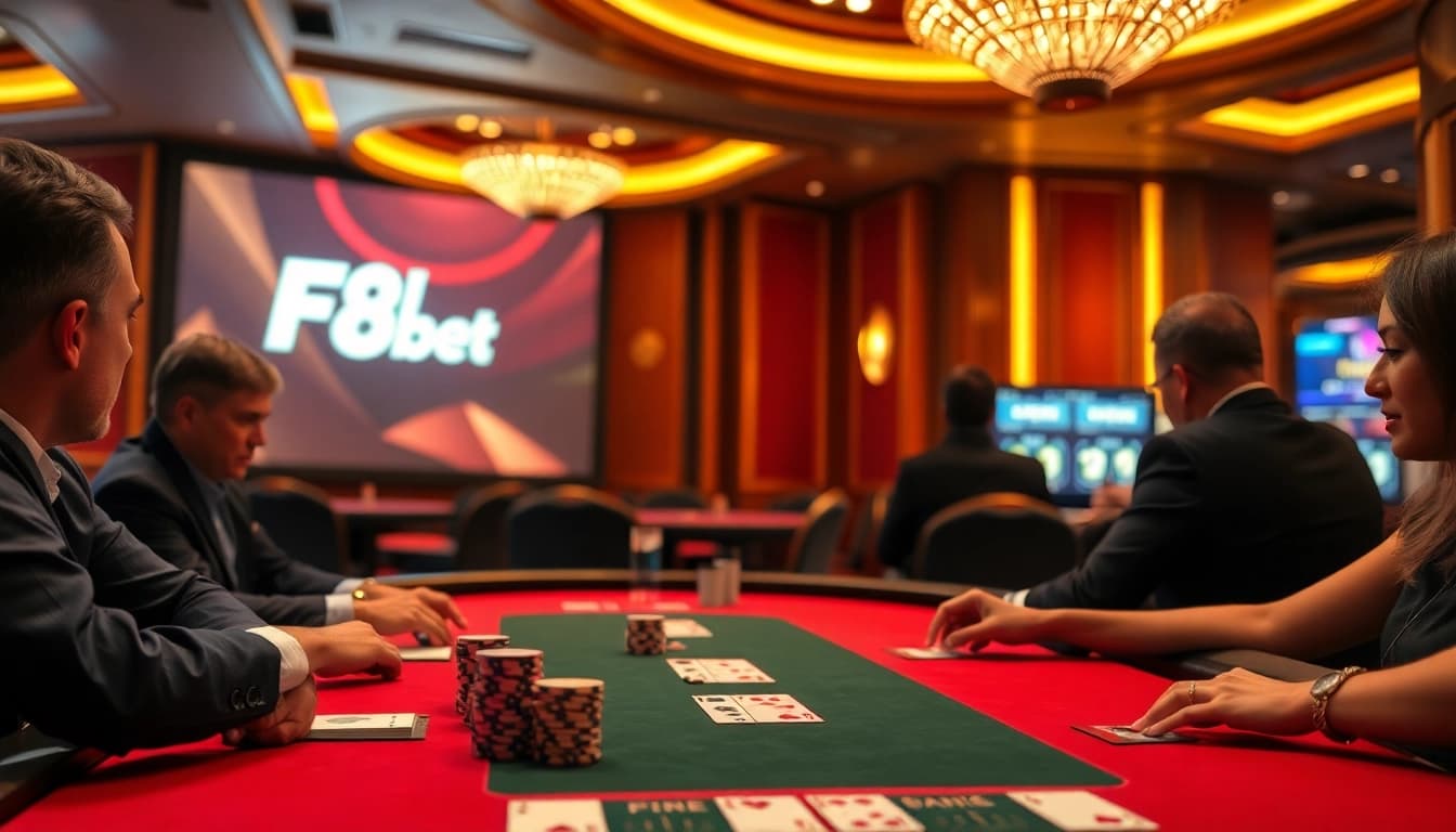 Experience thrilling F8bet moments at a high-stakes poker table with serious gamblers.