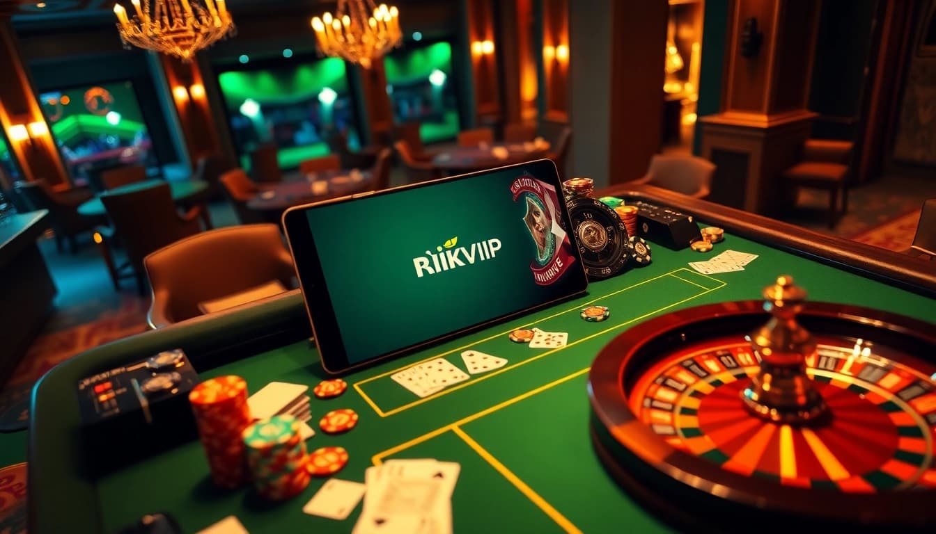 Experience the thrill of gambling at Rikvip with a vibrant casino table showcasing cards and chips.