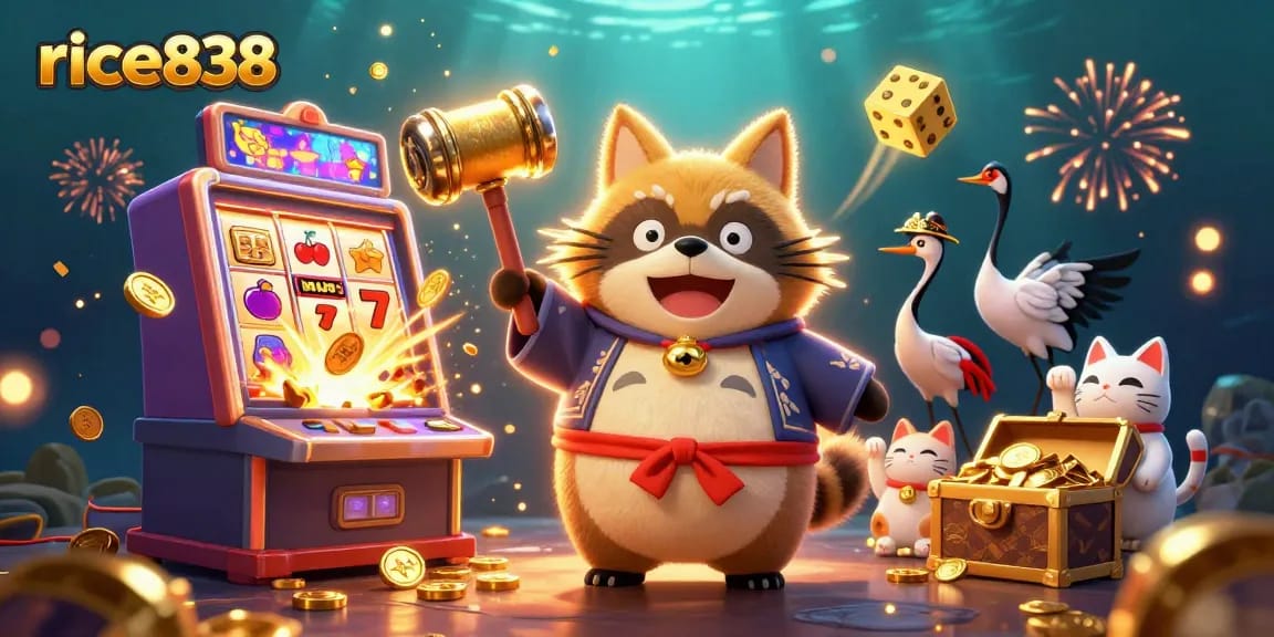 Join the excitement at rice838 with a vibrant 3D scene celebrating slots and jackpots.