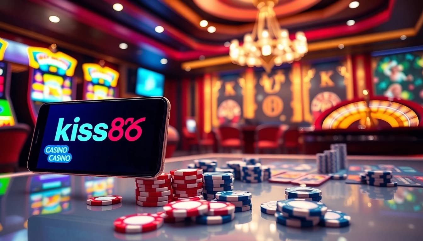 Engaging scene showcasing kiss888 logo on mobile interface with casino elements.