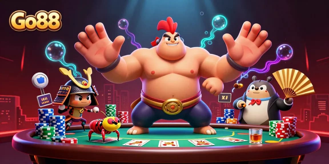 Go88 scene featuring a powerful sumo wrestler, samurai cricket, and tanuki announcer at a poker game.