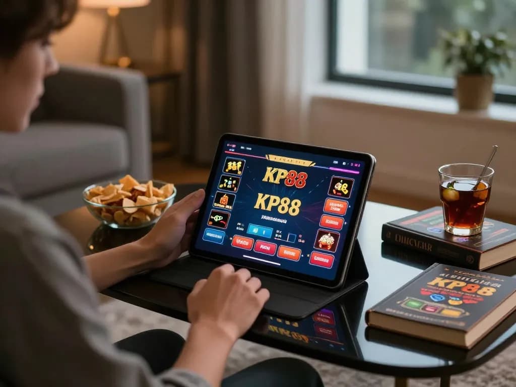 Engaged player using KP88 app on tablet, surrounded by snacks and gaming notes in cozy setting.