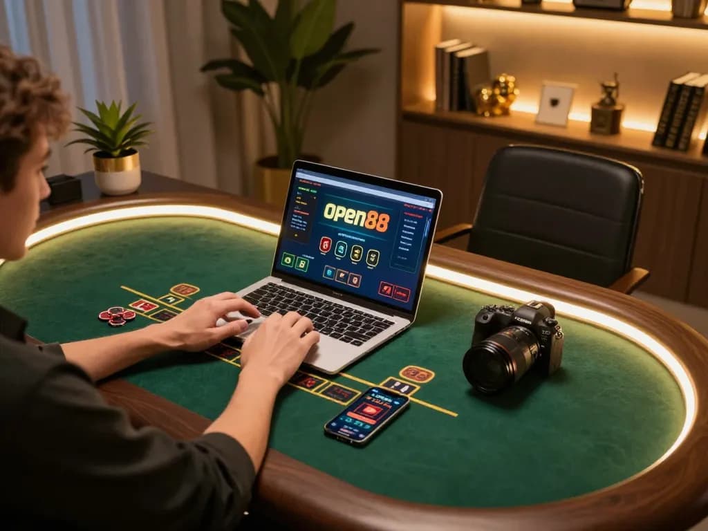 Player engaging with open88 on a laptop for live blackjack, showcasing a modern gaming setup.