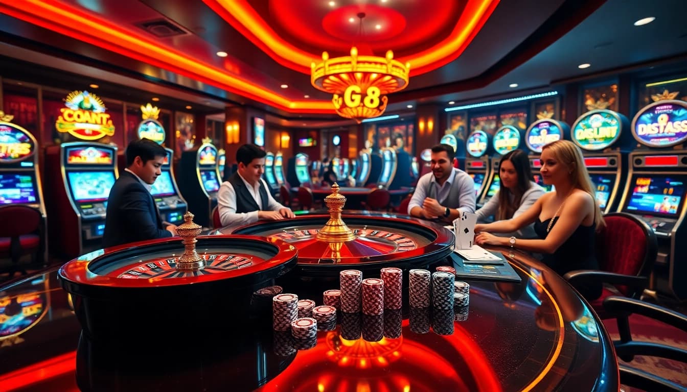 Exciting GG88 casino scene featuring a roulette wheel and engaged players in vibrant lighting.
