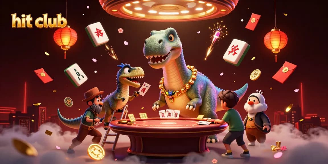 Engage with the hit club's vibrant casino atmosphere featuring friendly dinosaurs and festive elements.