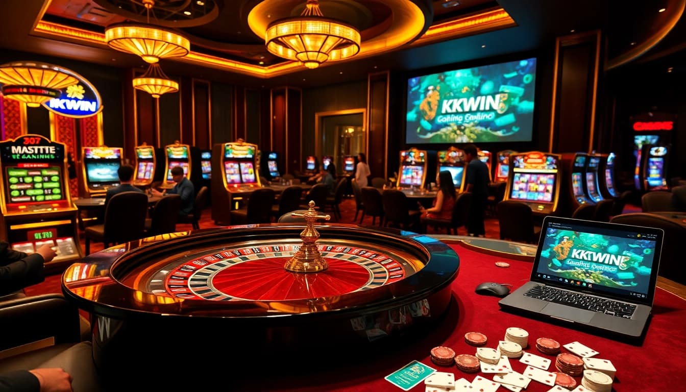 A vibrant casino scene with players betting at a roulette table and online gaming interface from https://kkwin.diy/ featured prominently.