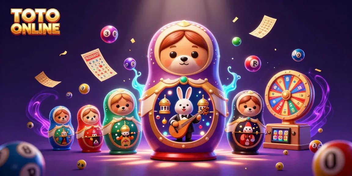 Engage with TOTO ONLINE in this vibrant 3D illustration featuring a lively casino scene with lottery elements.