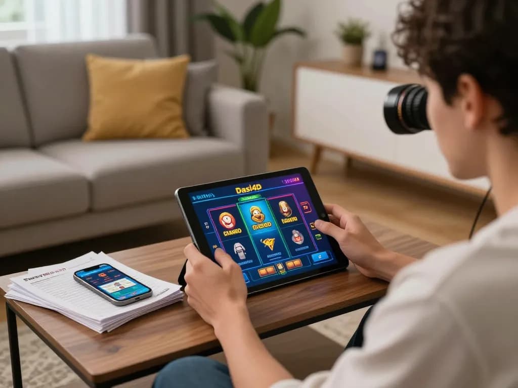 Terlibat dalam permainan slot dasi4d di rumah dengan tablet dan catatan strategi.
