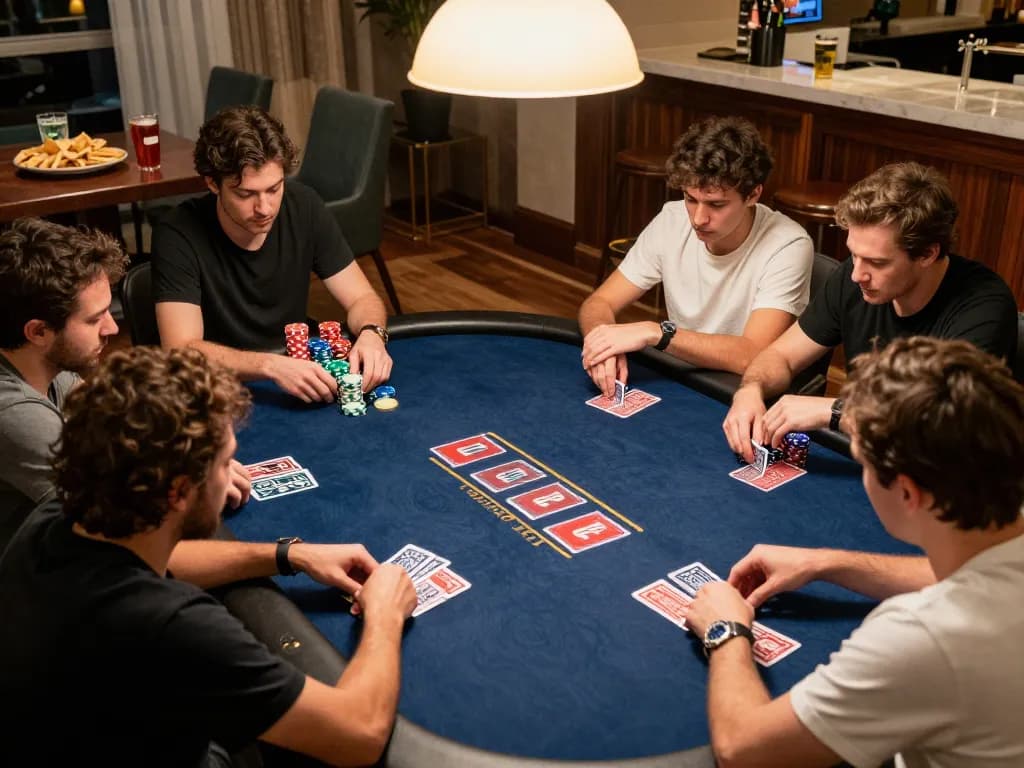 Engaged players in a high-stakes home poker game strategizing with 789ff at the center.