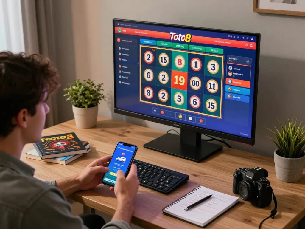 Toto8 link alternatif live lottery draw moment captured with a user engaging in gaming strategies