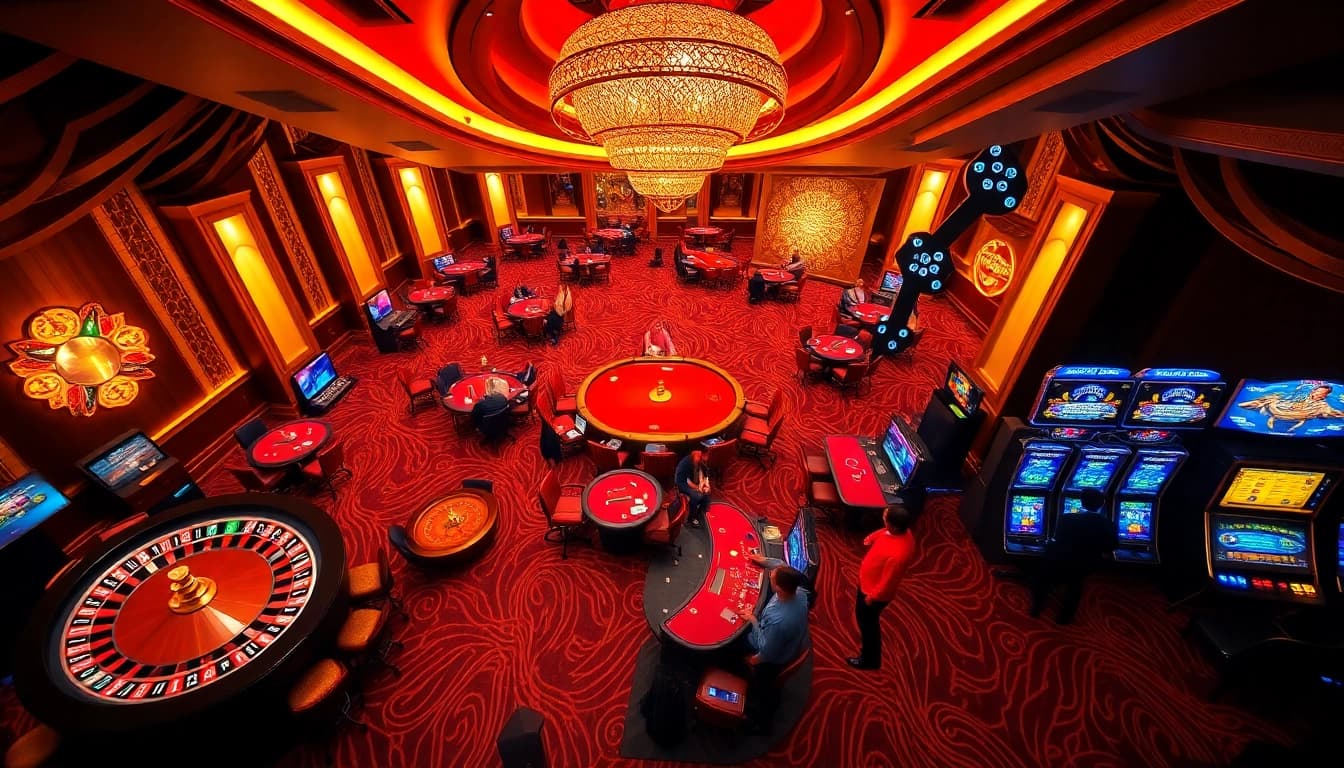 Players engage in high-stakes games at https://abc88.app/ casino with roulette and vibrant slot machines.