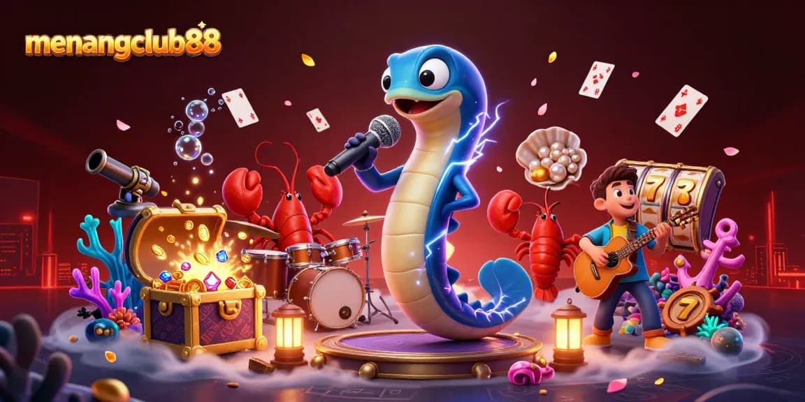 Experience the vibrant underwater casino scene with menangclub88's electric eel DJ and lively band.