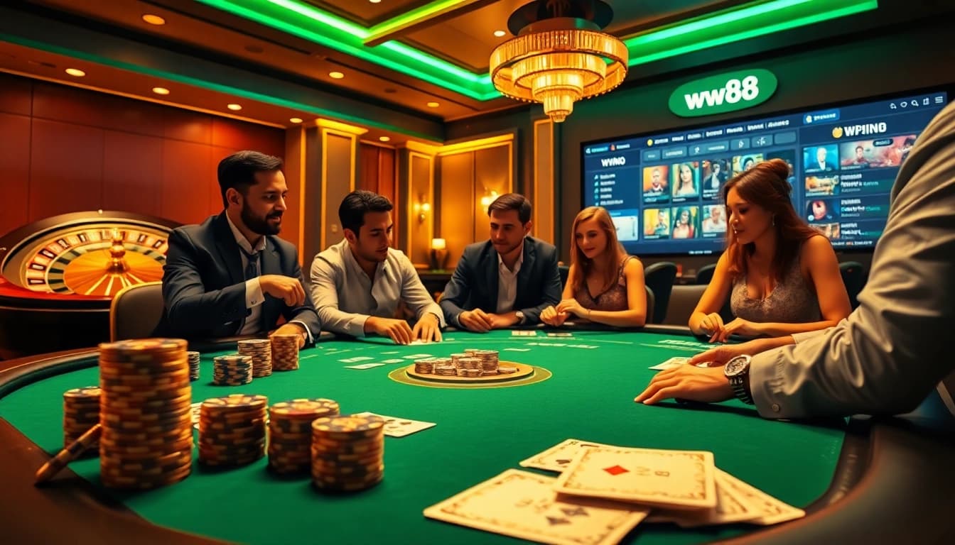 Experience the excitement of ww88 with vibrant casino scenes featuring poker tables and roulette wheels.