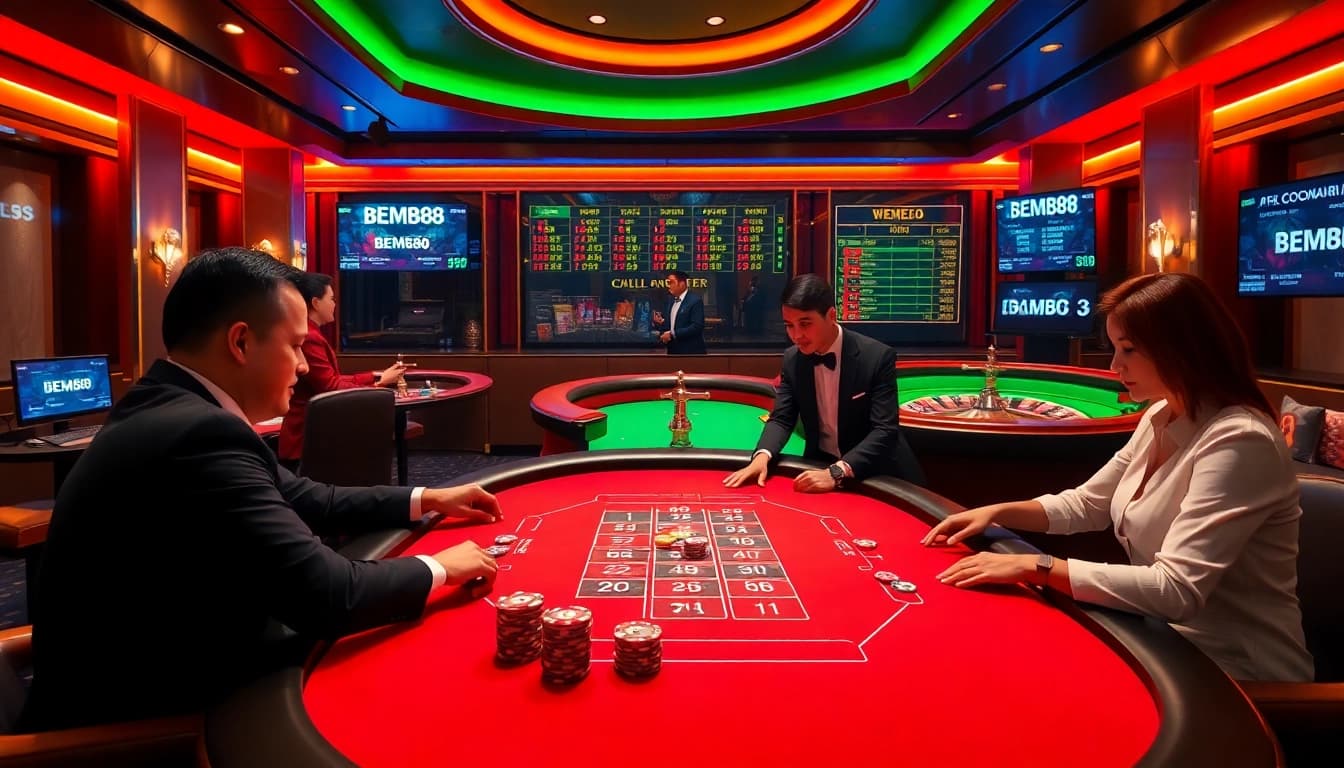 Casino players mastering strategies at BEM88 poker table, highlighting excitement and luxury.