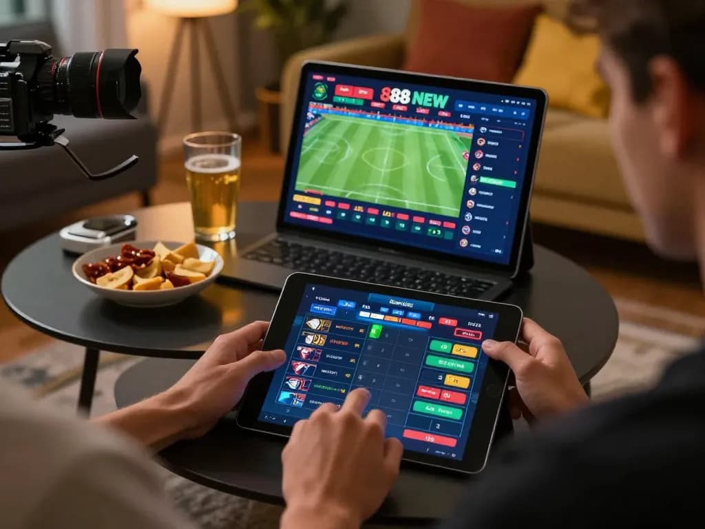 Engaging sports betting experience on 888 NEW with user placing bets on tablet.