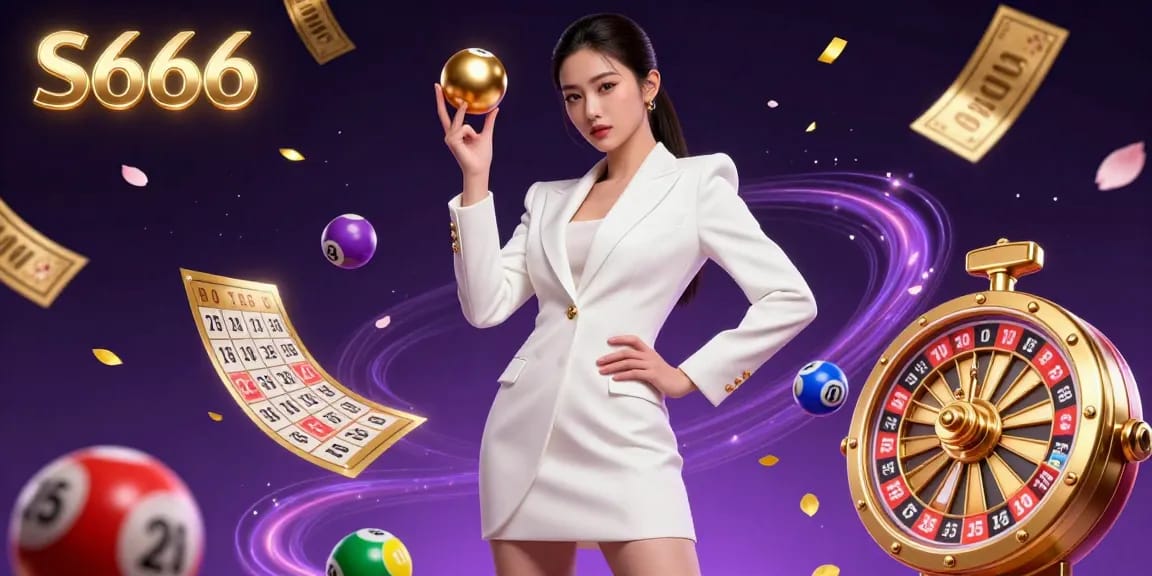 S666 offers an enchanting view of online casino excitement, showcasing a confident Asian woman with a golden roulette ball.