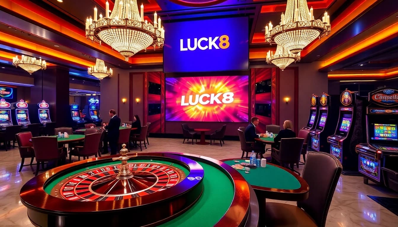 LUCK8 logo shines over an exciting casino scene with roulette and poker games.