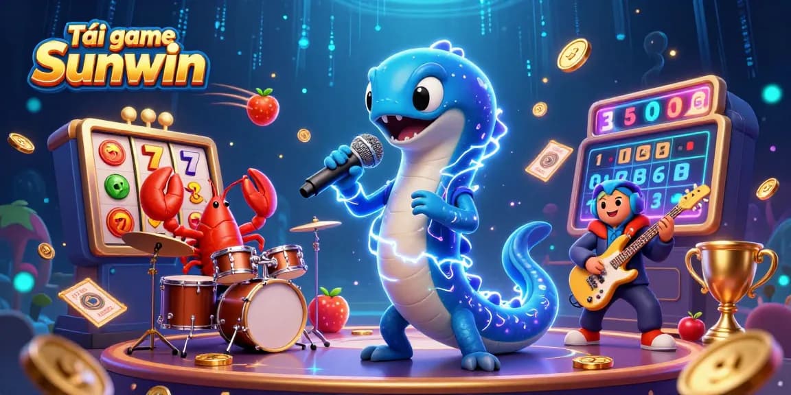 Tải game Sunwin with a lively DJ show featuring a cartoon electric eel, lobster drummer, and seahorse guitarist amidst slot game elements.