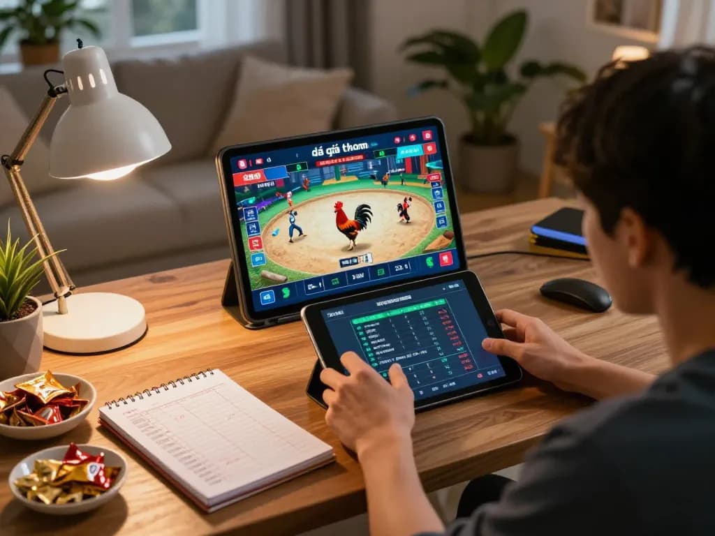 Live streaming đá gà thomo on tablet from a cozy home setup with betting notes and snacks.