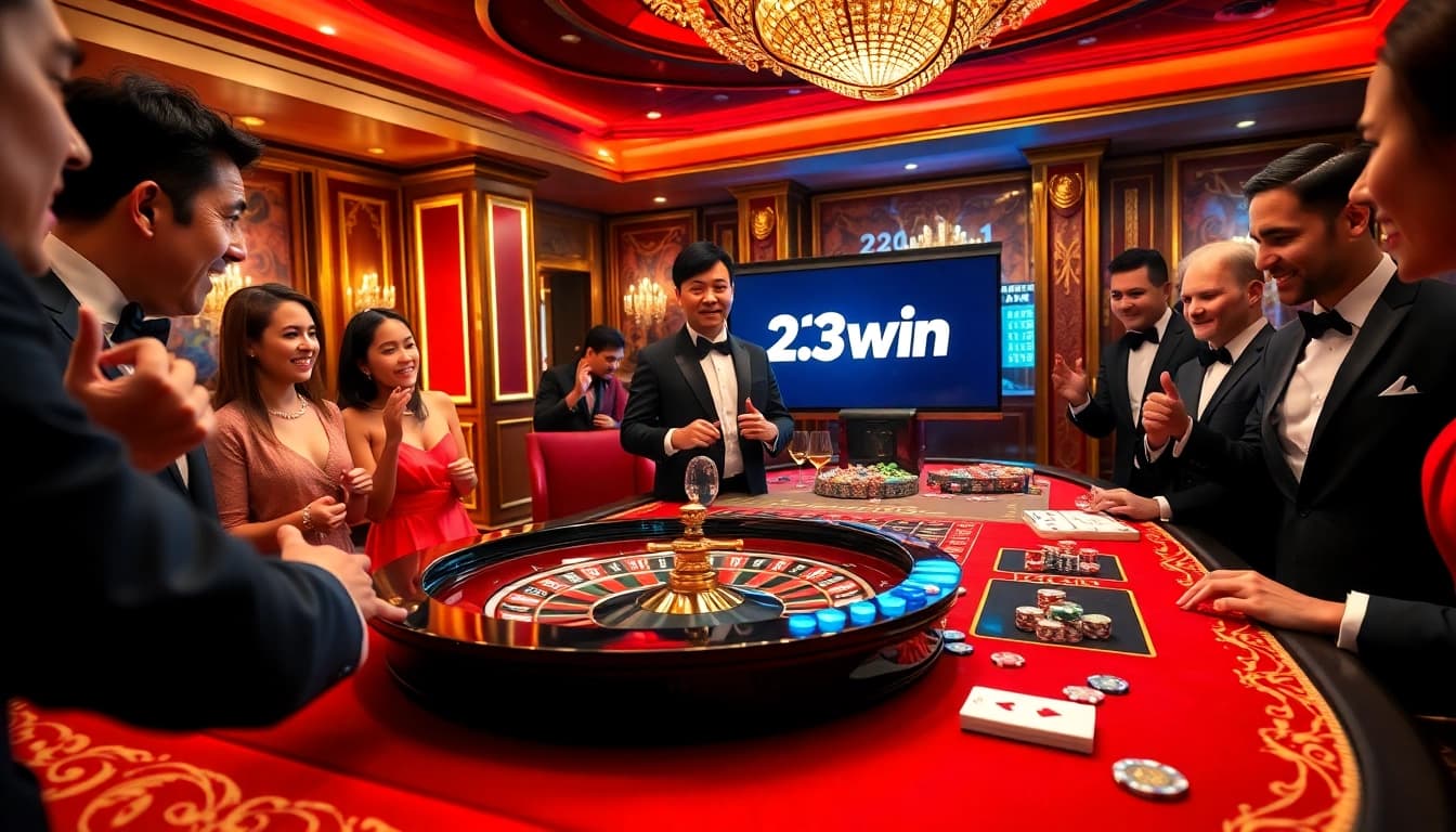 Experience the thrill of 23win at a luxurious casino table with vibrant chips and cards.