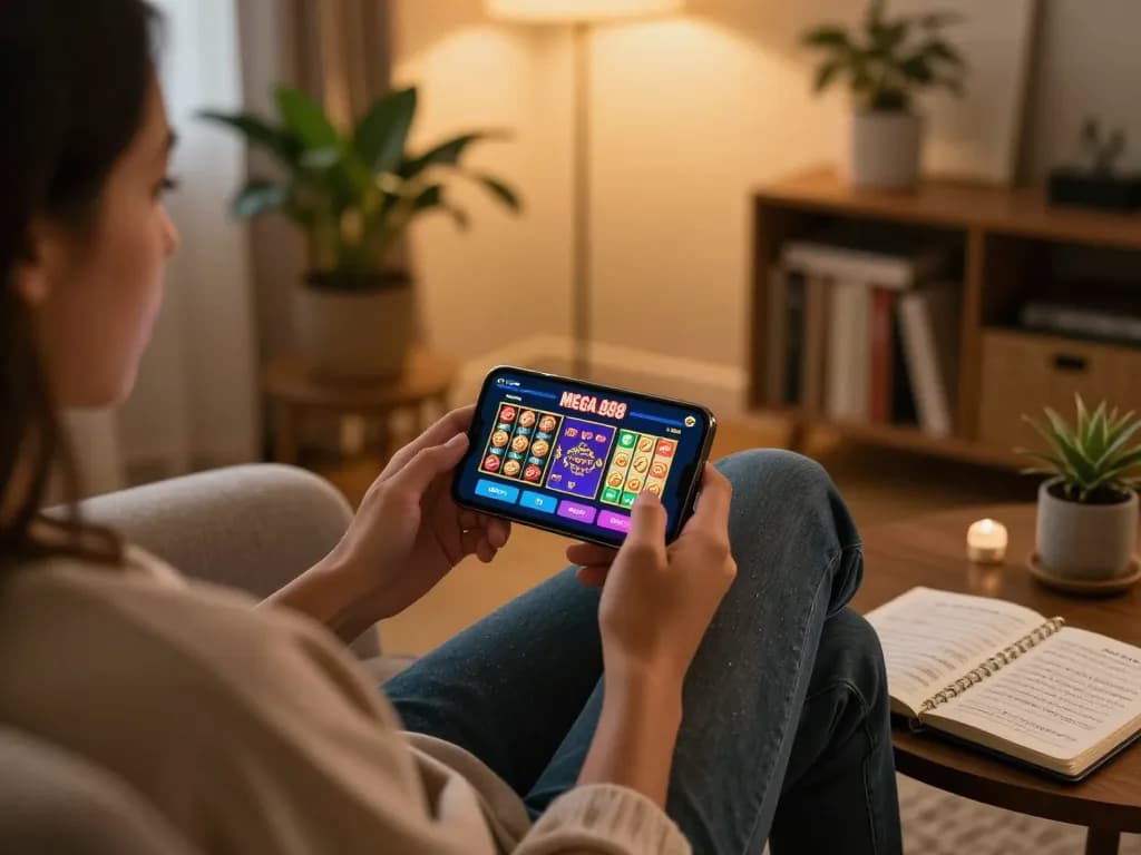 Player enjoying Mega 888 on smartphone while seated in a cozy home environment, showcasing online gambling lifestyle.